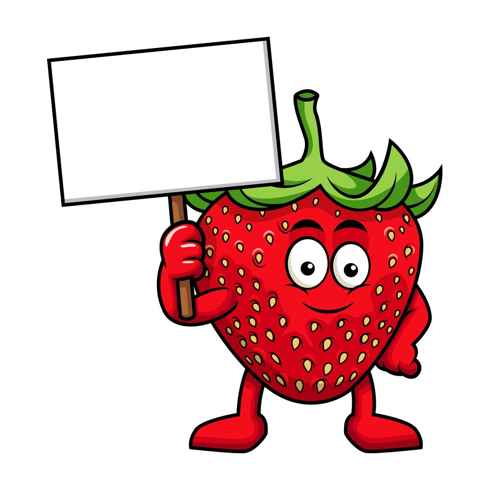Strawberry cartoon character holding blank sign. PNG - JPG and vector EPS (infinitely scalable). Image isolated on transparent background.