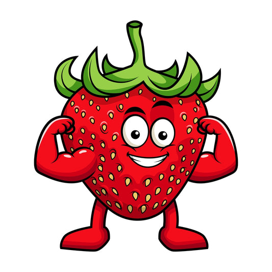 Strawberry cartoon character flexing muscles. PNG - JPG and vector EPS (infinitely scalable). Image isolated on transparent background.
