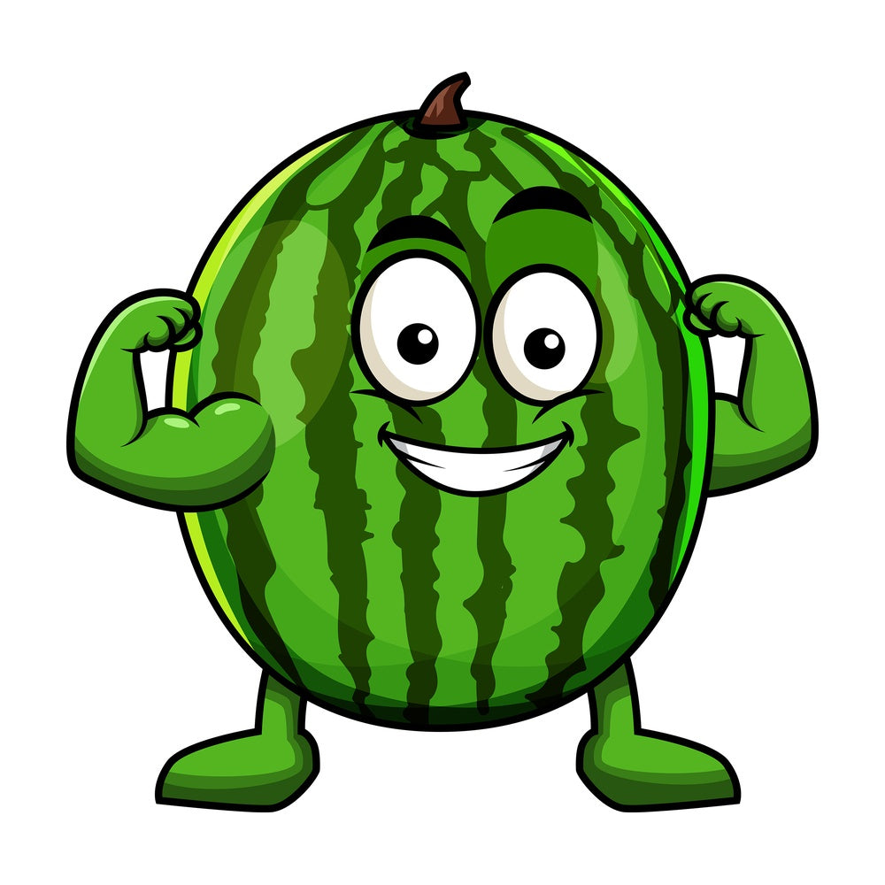 Watermelon cartoon character flexing muscles. PNG - JPG and vector EPS (infinitely scalable). Image isolated on transparent background.