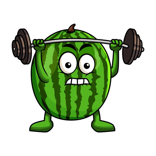 Watermelon cartoon character lifting weights. PNG - JPG and vector EPS (infinitely scalable). Image isolated on transparent background.