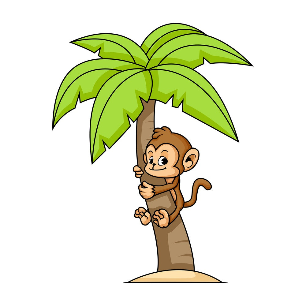 Monkey cartoon character climbing palm tree. PNG - JPG and vector EPS (infinitely scalable).
