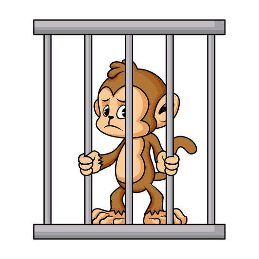 Monkey cartoon behind prison bars. PNG - JPG and vector EPS (infinitely scalable).