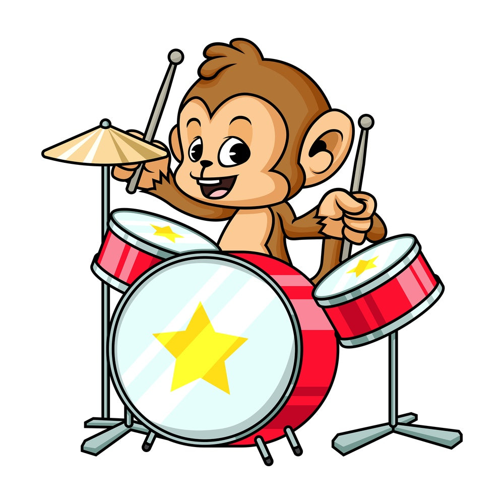 Monkey cartoon drums player. PNG - JPG and vector EPS (infinitely scalable)