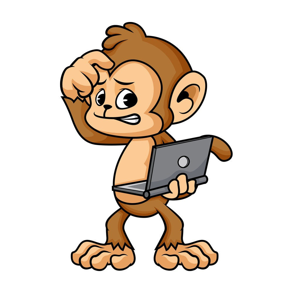Confused monkey cartoon holding computer. PNG - JPG and vector EPS (infinitely scalable).