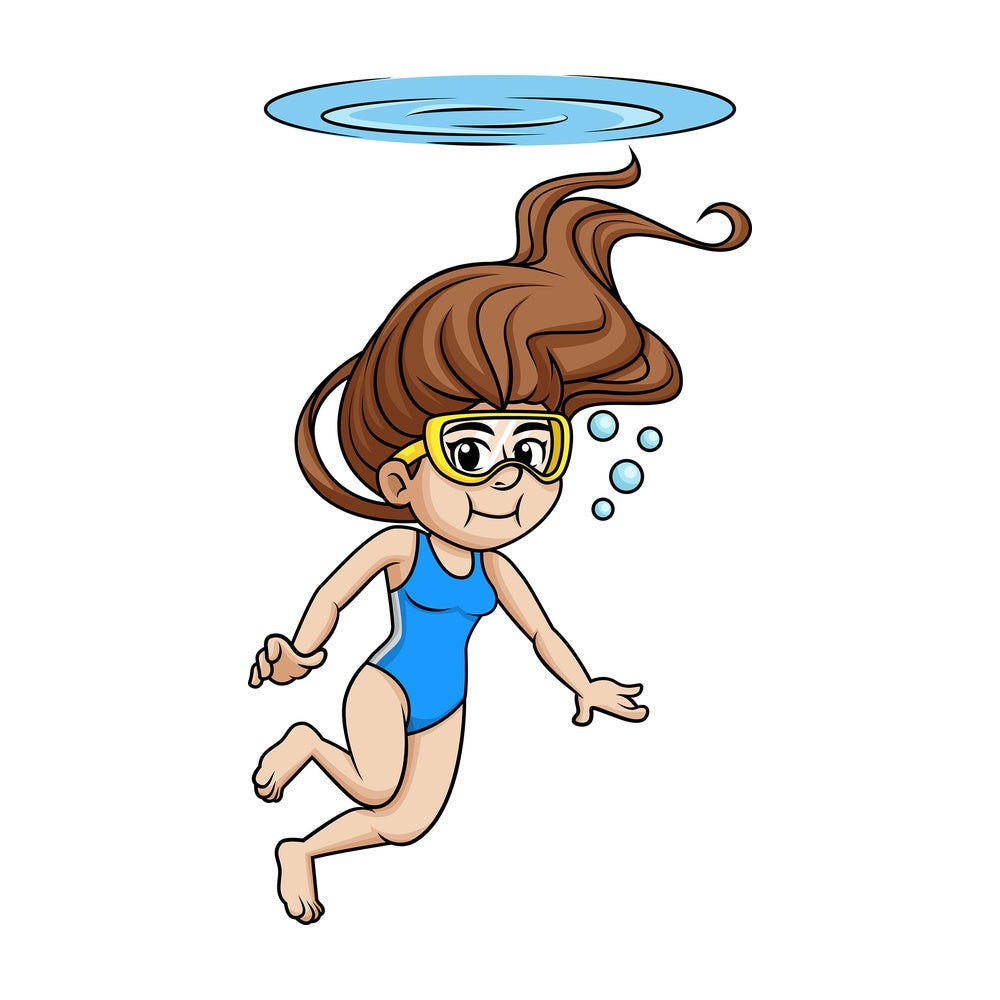 Girl with goggles swims beneath the surface holding her breath. PNG - JPG and vector EPS file formats.