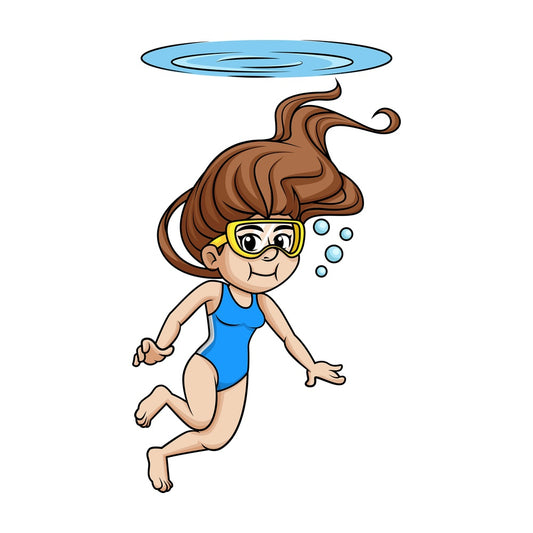 Girl with goggles swims beneath the surface holding her breath. PNG - JPG and vector EPS file formats.