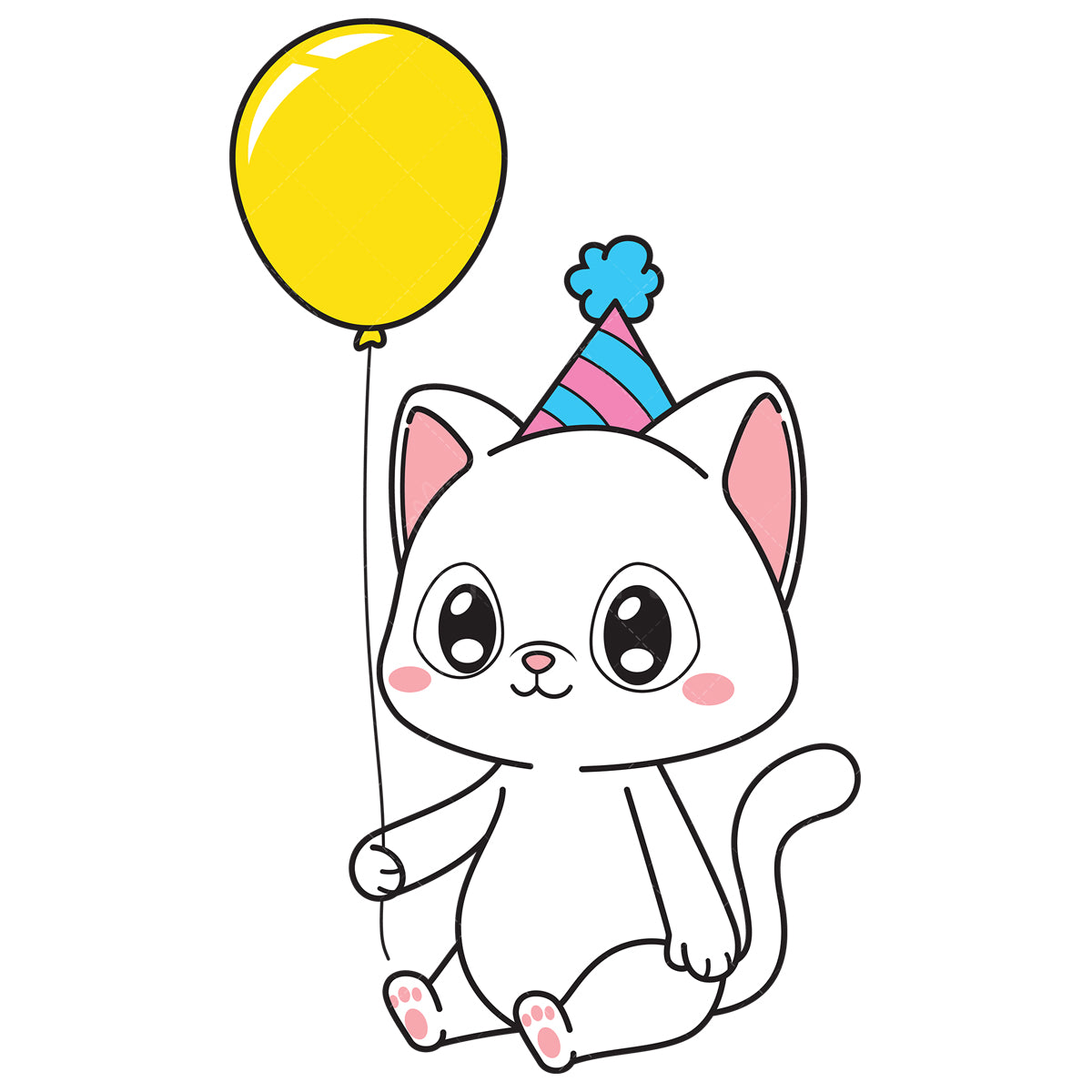 Royalty-free vector illustration of a birthday cat sitting down holding balloon.