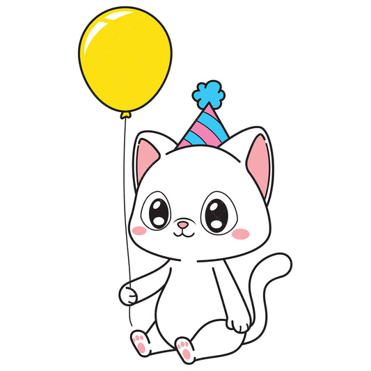 Royalty-free vector illustration of a birthday cat sitting down holding balloon.