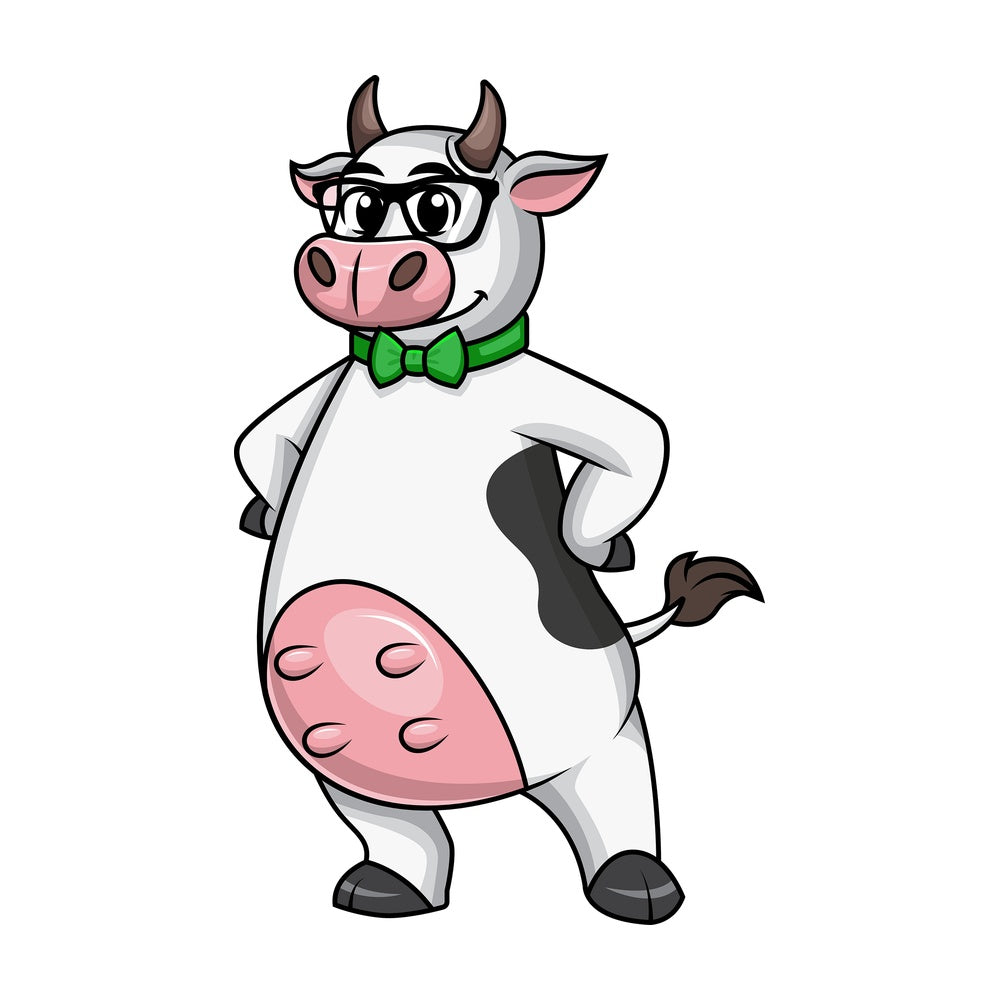 Dorky cow mascot wearing glasses. PNG - JPG and vector EPS file formats.