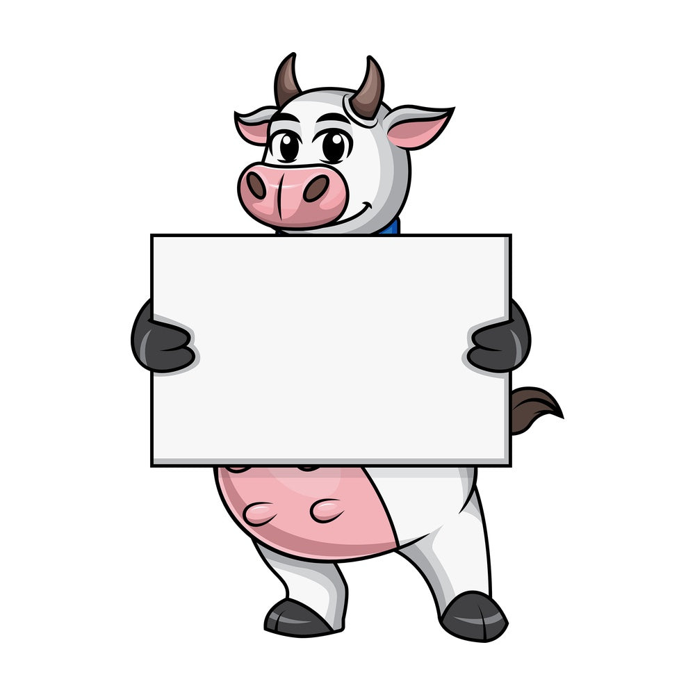Cow mascot holding empty sign. PNG - JPG and vector EPS file formats.