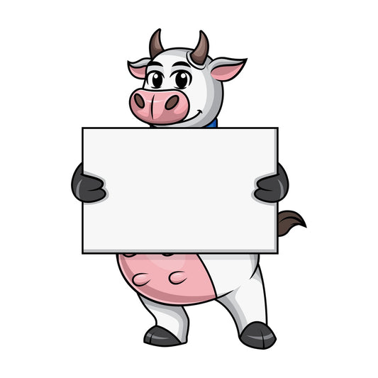 Cow mascot holding empty sign. PNG - JPG and vector EPS file formats.