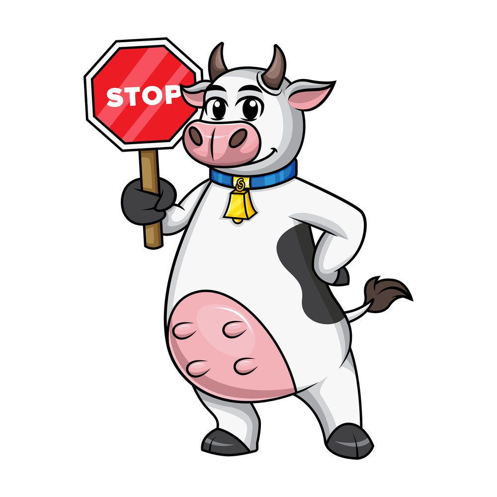 Cow mascot holding red stop sign. PNG - JPG and vector EPS file formats.