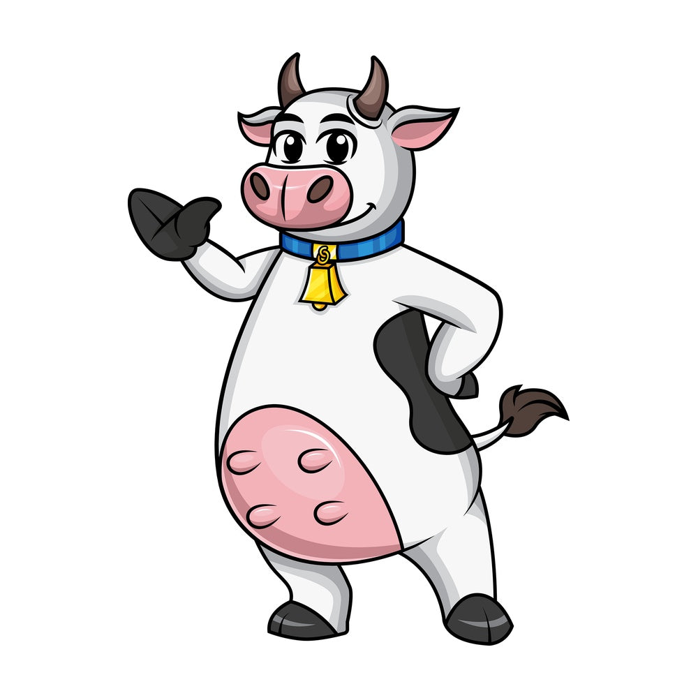 Cow mascot waving. PNG
