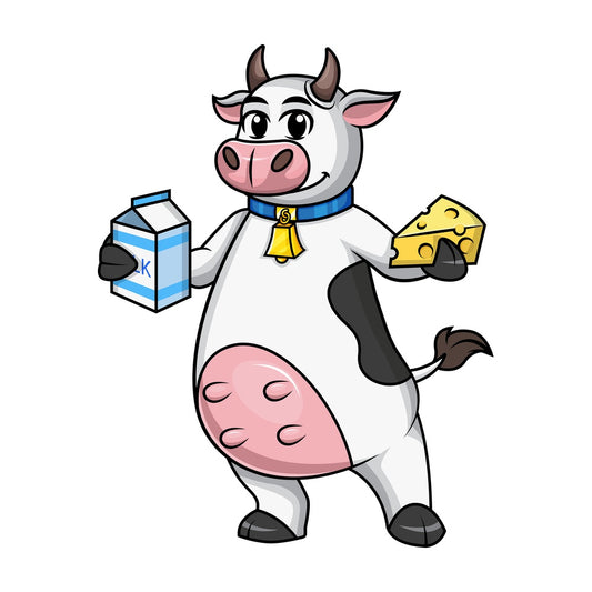 Cow holds milk and cheese. PNG