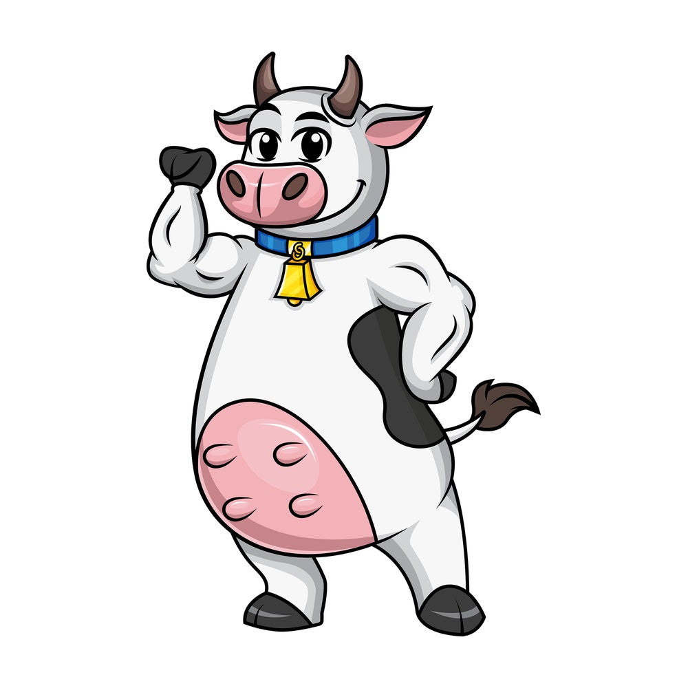 Cow mascot flexes muscles. PNG