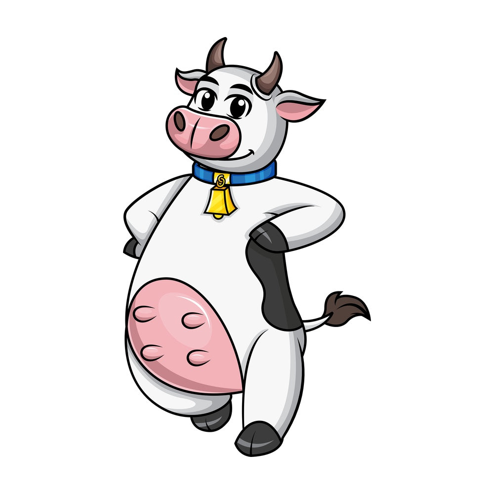 Cow mascot leaning on something. PNG