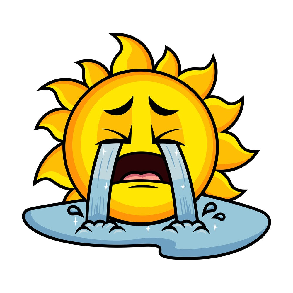 Crying with wailing tears sun emoticon. PNG - JPG and vector EPS file formats (infinitely scalable). Image isolated on transparent background.