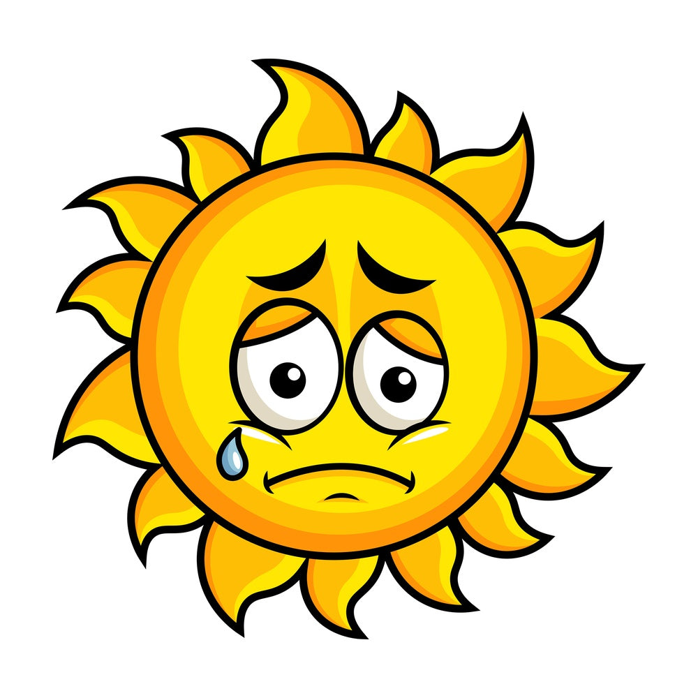 Teared up sad sun emoticon. PNG - JPG and vector EPS file formats (infinitely scalable). Image isolated on transparent background.