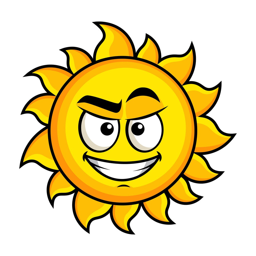Cunning evil face sun emoticon. PNG - JPG and vector EPS file formats (infinitely scalable). Image isolated on transparent background.