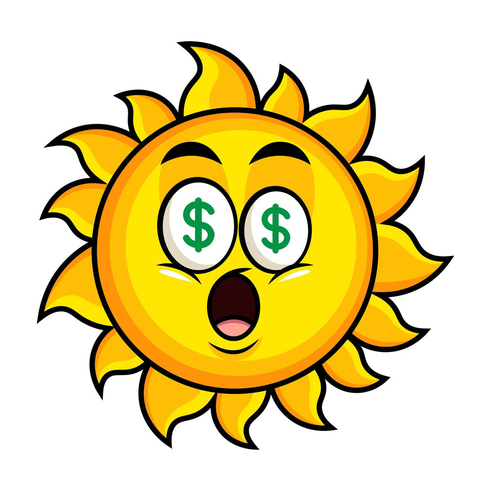 Money eyes sun emoticon. PNG - JPG and vector EPS file formats (infinitely scalable). Image isolated on transparent background.