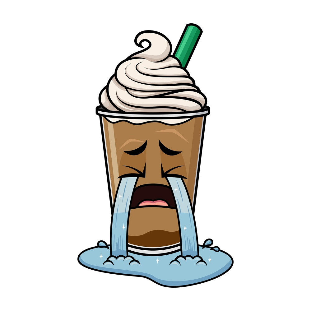 Crying with wailing tears iced coffee emoticon. PNG - JPG and vector EPS file formats (infinitely scalable). Image isolated on transparent background.