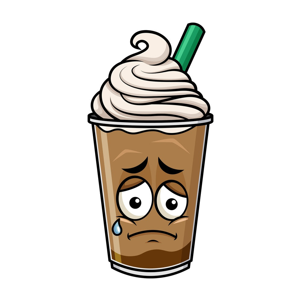 Teared up sad iced coffee emoticon. PNG - JPG and vector EPS file formats (infinitely scalable). Image isolated on transparent background.