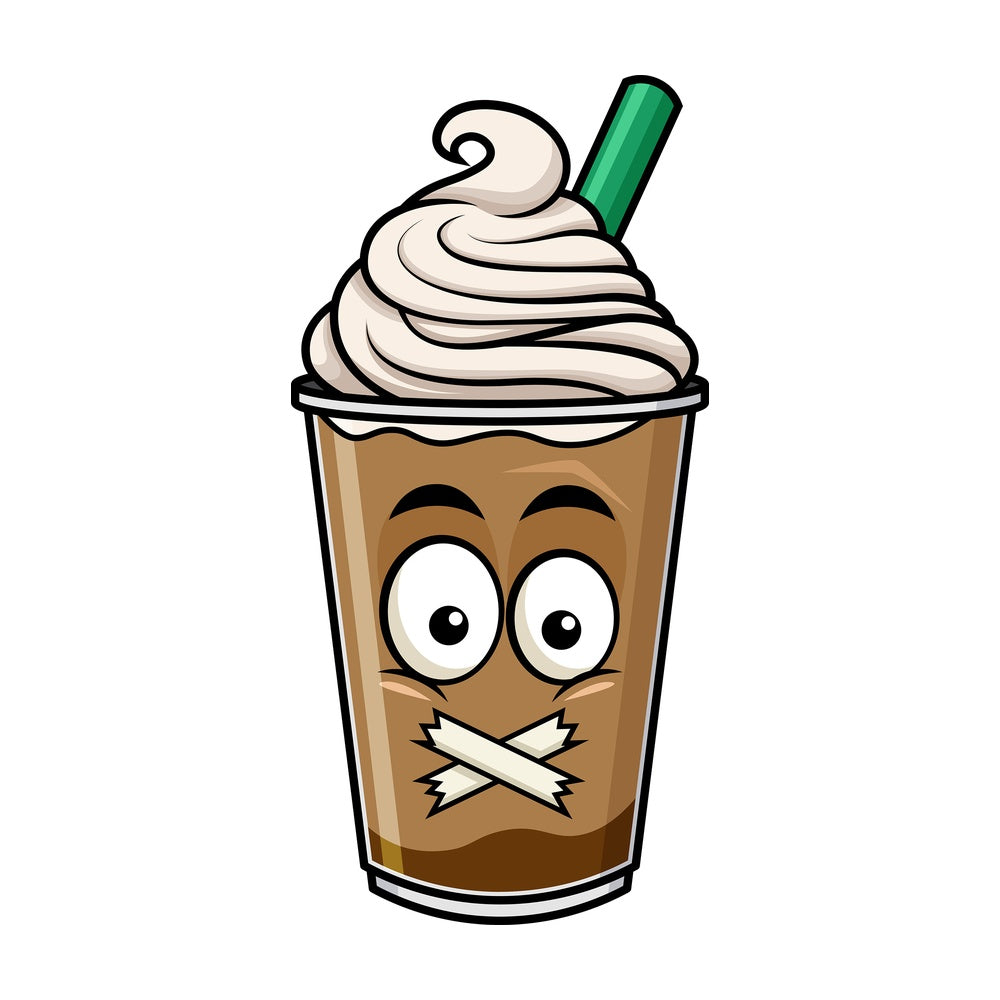 Taped mouth iced coffee emoticon. PNG - JPG and vector EPS file formats (infinitely scalable). Image isolated on transparent background.