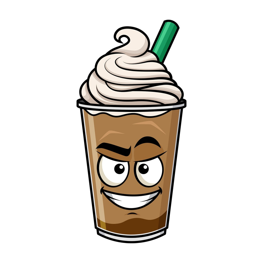 Cunning evil face iced coffee emoticon. PNG - JPG and vector EPS file formats (infinitely scalable). Image isolated on transparent background.