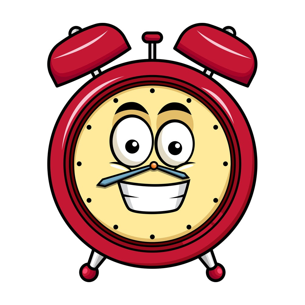 Grinning alarm clock emoticon. PNG - JPG and vector EPS file formats (infinitely scalable). Image isolated on transparent background.