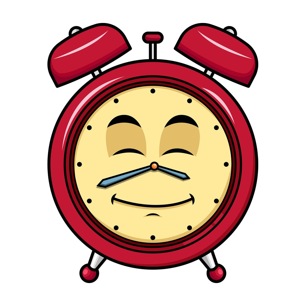 Happy looking alarm clock emoticon. PNG - JPG and vector EPS file formats (infinitely scalable). Image isolated on transparent background.