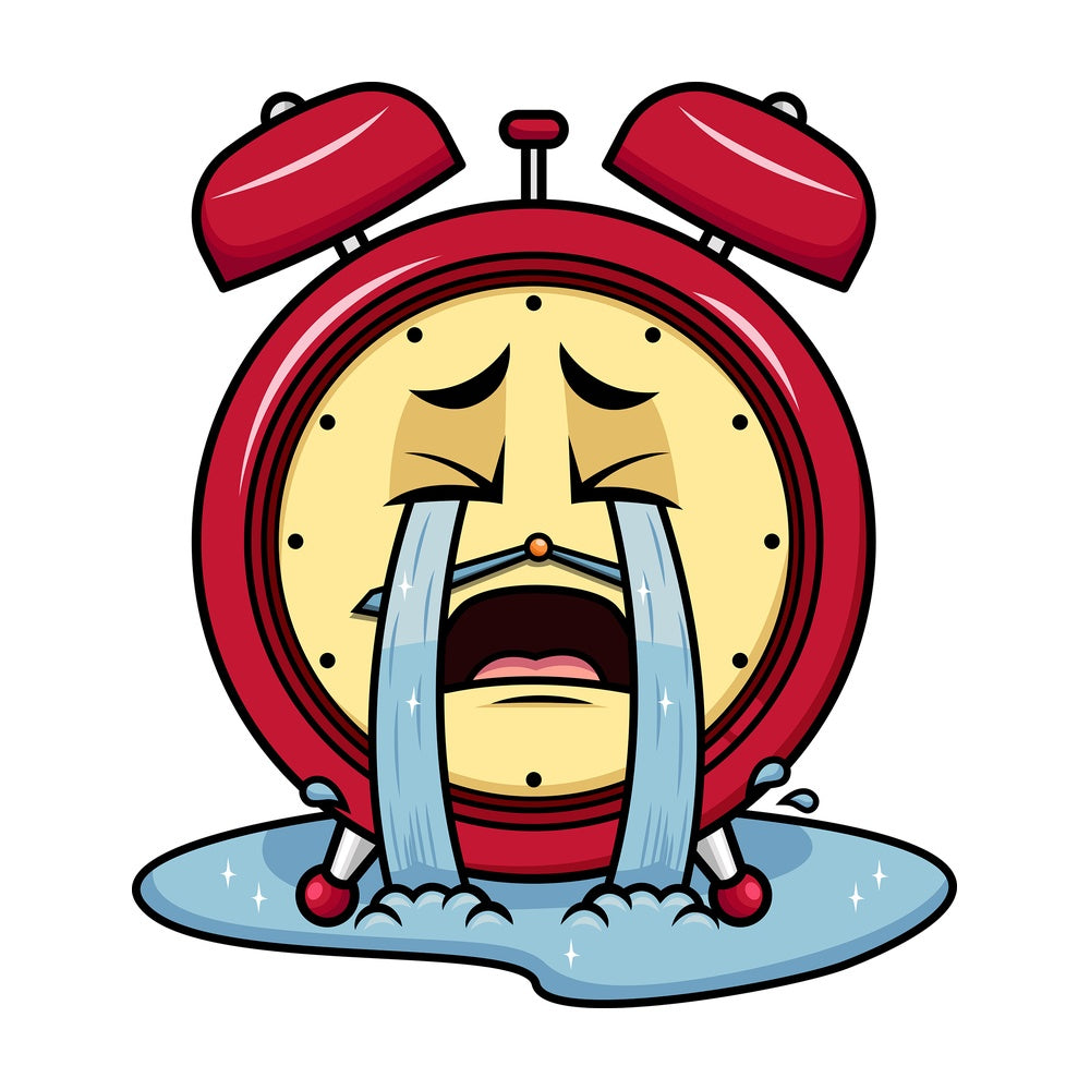 Crying with wailing tears alarm clock emoticon. PNG - JPG and vector EPS file formats (infinitely scalable). Image isolated on transparent background.