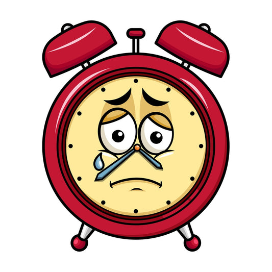 Teared up sad alarm clock emoticon. PNG - JPG and vector EPS file formats (infinitely scalable). Image isolated on transparent background.