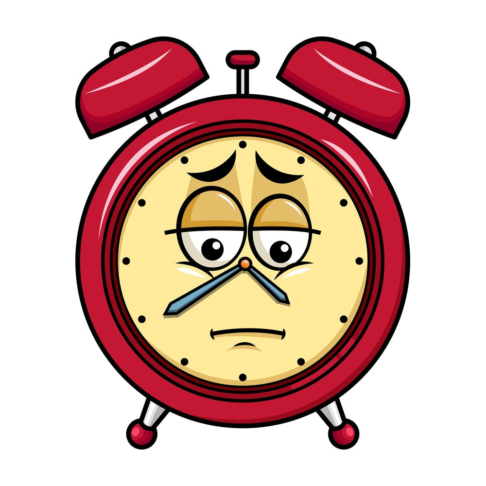 Depressed alarm clock emoticon. PNG - JPG and vector EPS file formats (infinitely scalable). Image isolated on transparent background.