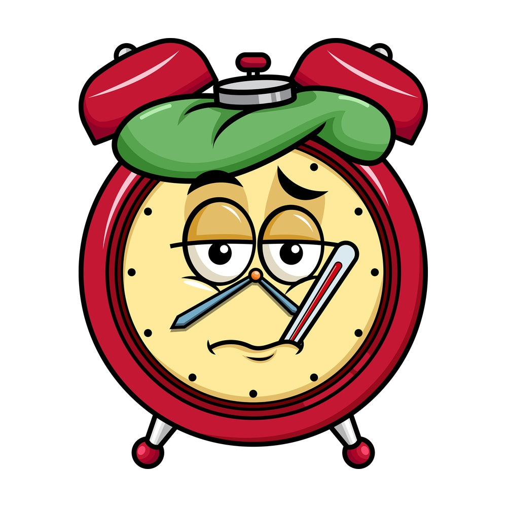 Feverish sick alarm clock emoticon. PNG - JPG and vector EPS file formats (infinitely scalable). Image isolated on transparent background.