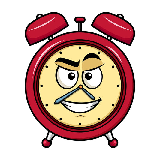 Cunning evil face alarm clock emoticon. PNG - JPG and vector EPS file formats (infinitely scalable). Image isolated on transparent background.
