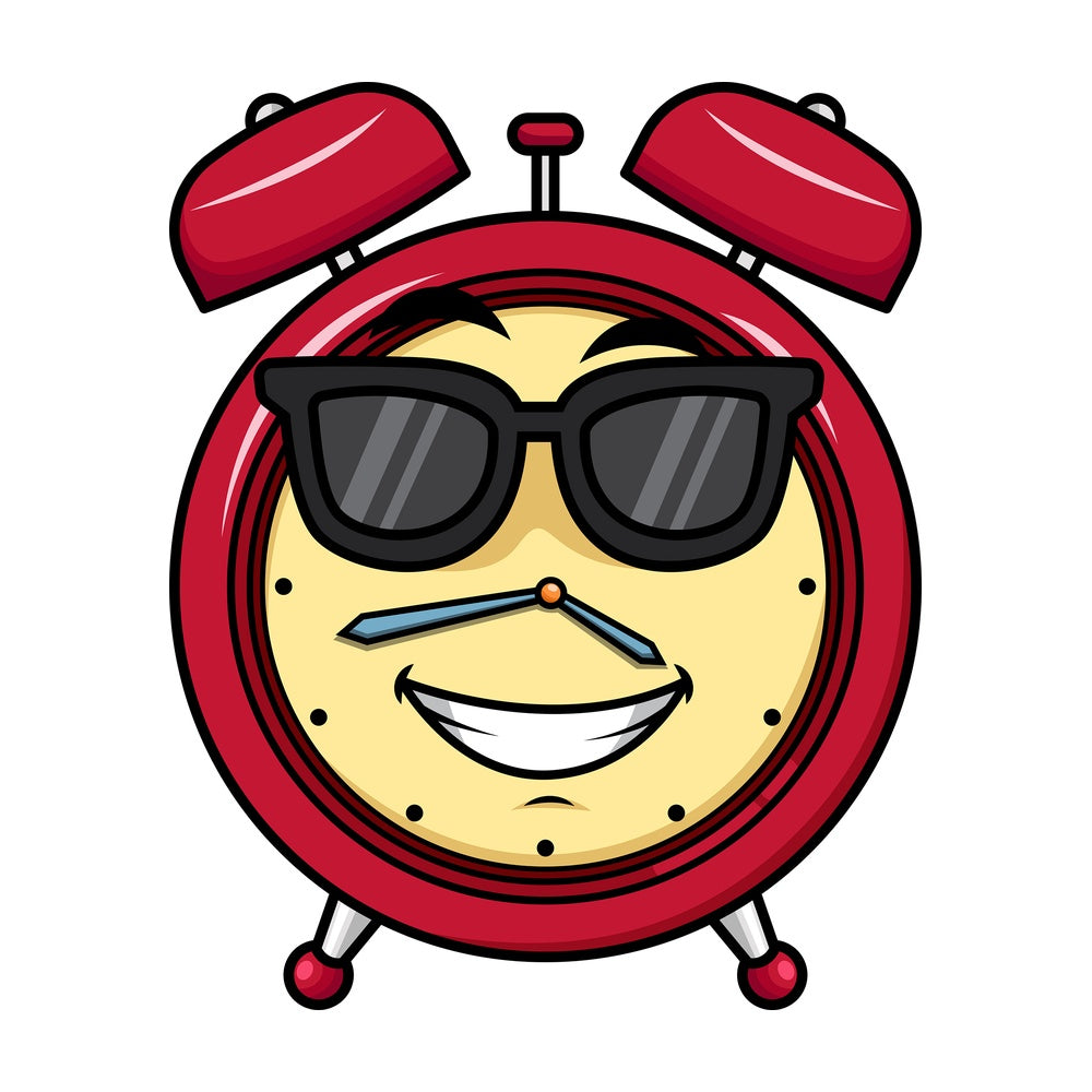 Cool alarm clock wearing sunglasses emoticon. PNG - JPG and vector EPS file formats (infinitely scalable). Image isolated on transparent background.