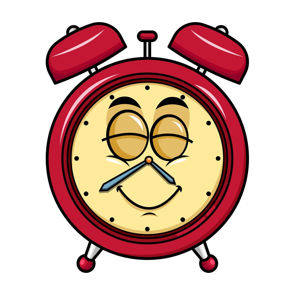 Delighted alarm clock emoticon. PNG - JPG and vector EPS file formats (infinitely scalable). Image isolated on transparent background.