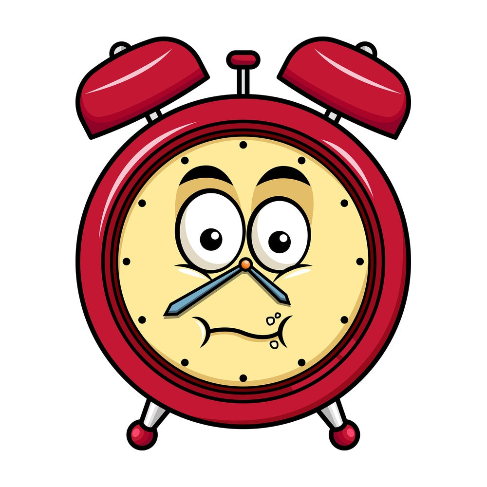 Chewing alarm clock emoticon. PNG - JPG and vector EPS file formats (infinitely scalable). Image isolated on transparent background.