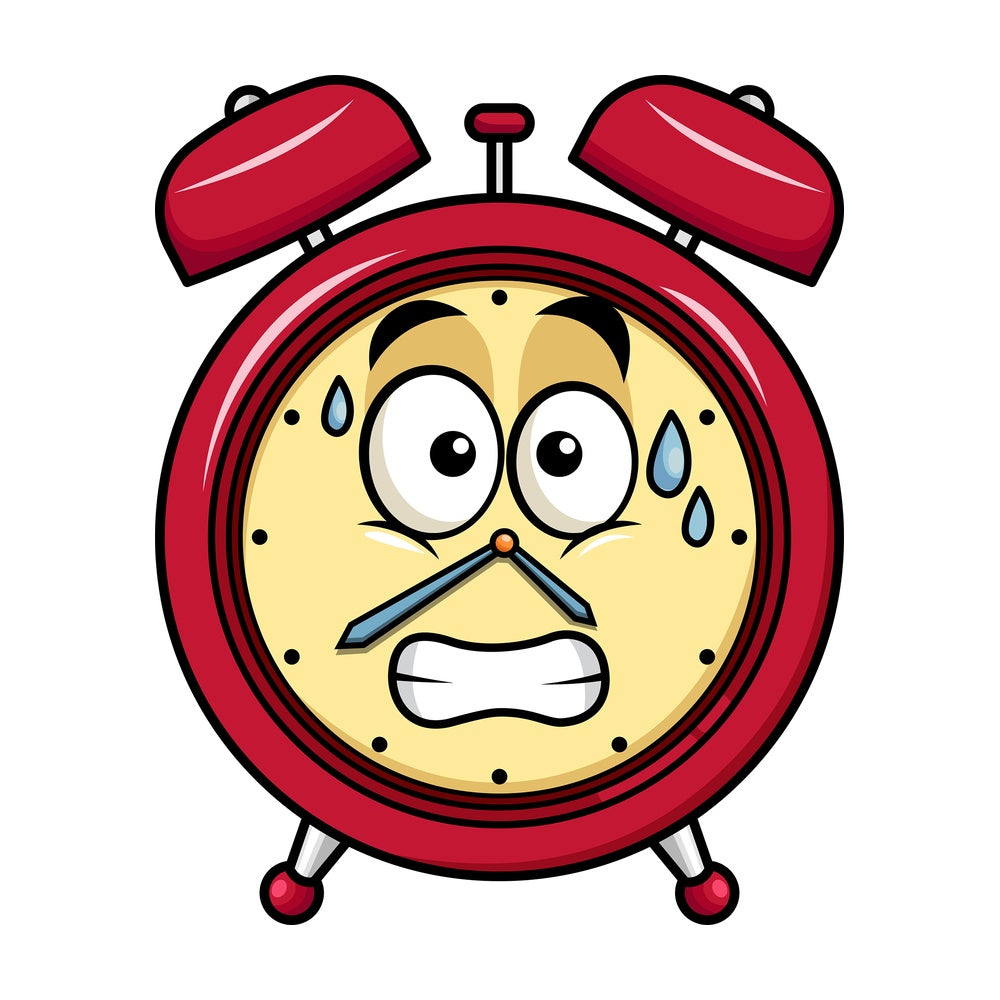 Sweating alarm clock emoticon. PNG - JPG and vector EPS file formats (infinitely scalable). Image isolated on transparent background.
