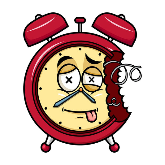 Broken down alarm clock emoticon. PNG - JPG and vector EPS file formats (infinitely scalable). Image isolated on transparent background.