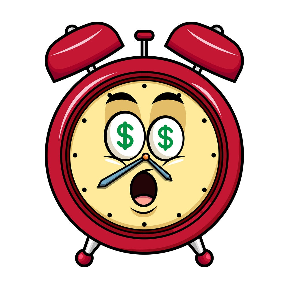 Money eyes alarm clock emoticon. PNG - JPG and vector EPS file formats (infinitely scalable). Image isolated on transparent background.