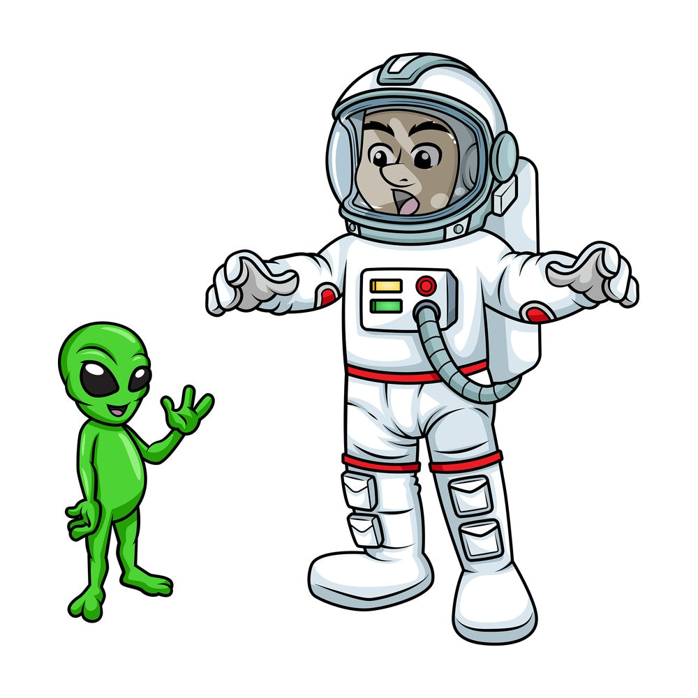 Male astronaut meeting an alien. PNG - JPG and vector EPS (infinitely scalable). Image isolated on transparent background.