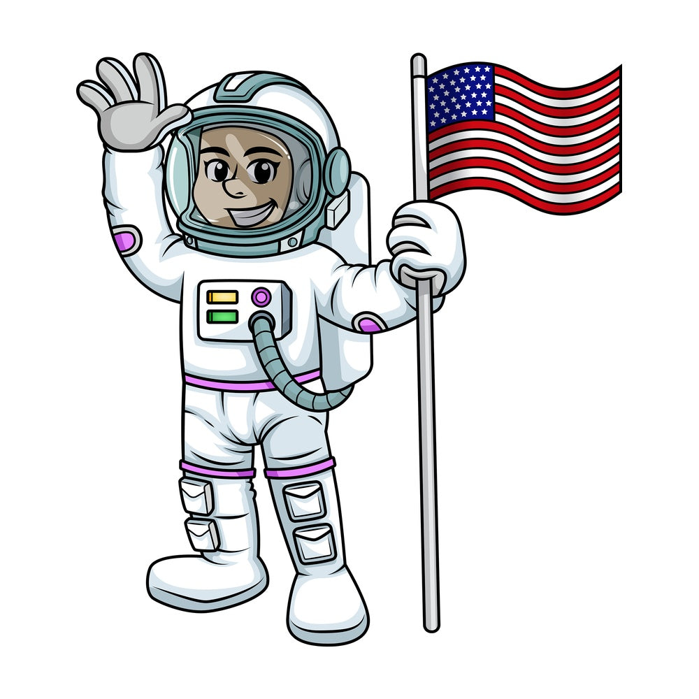 Woman astronaut holding usa flag. PNG - JPG and vector EPS (infinitely scalable). Image isolated on transparent background.