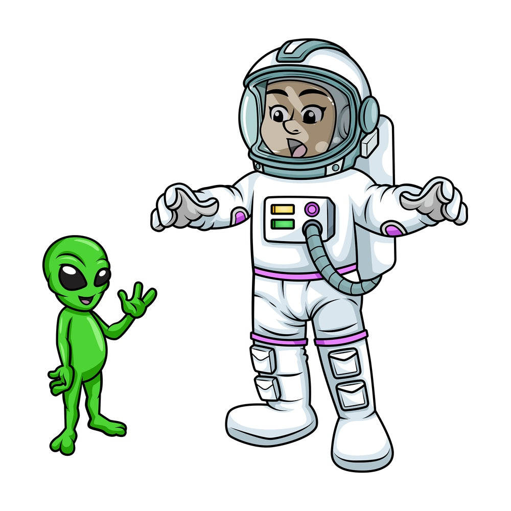 Female astronaut encountering an alien. PNG - JPG and vector EPS (infinitely scalable). Image isolated on transparent background.