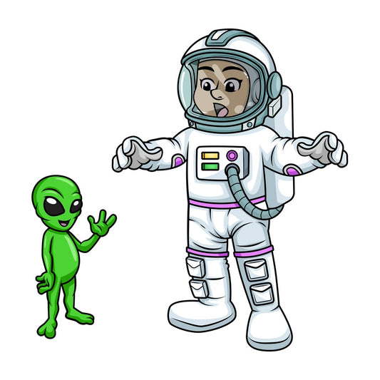 Female astronaut encountering an alien. PNG - JPG and vector EPS (infinitely scalable). Image isolated on transparent background.