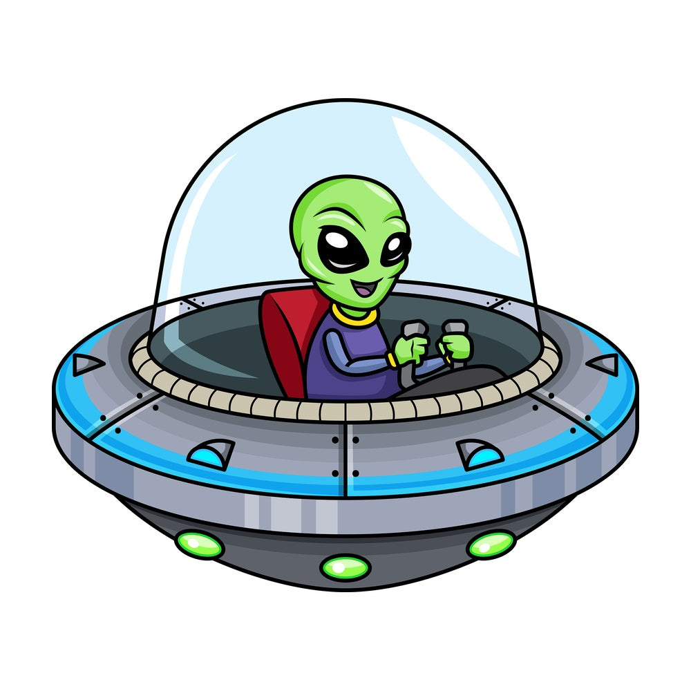 Alien piloting a flying saucer. Transparent PNG - JPG - vector EPS (infinitely scalable).
