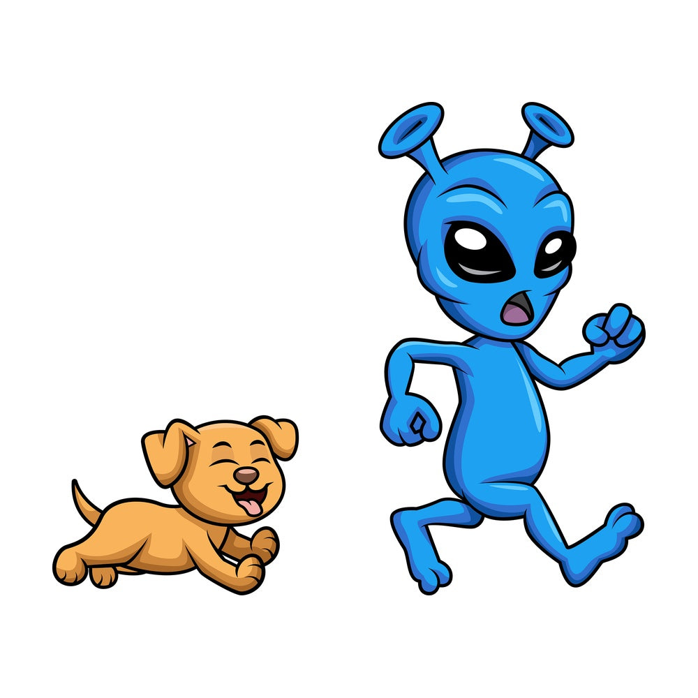 Scared alien running from puppy. Transparent PNG - JPG - vector EPS (infinitely scalable).