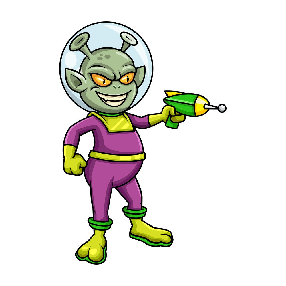 Martian alien pointing laser gun. Transparent PNG - JPG - vector EPS (infinitely scalable).
