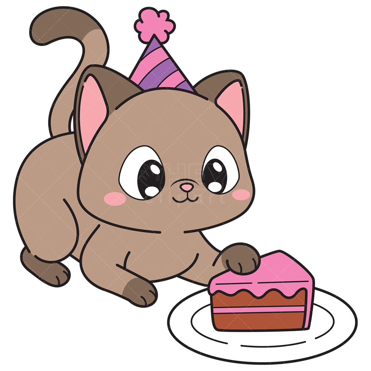 Royalty-free vector illustration of a birthday cat about to eat a piece of cake.