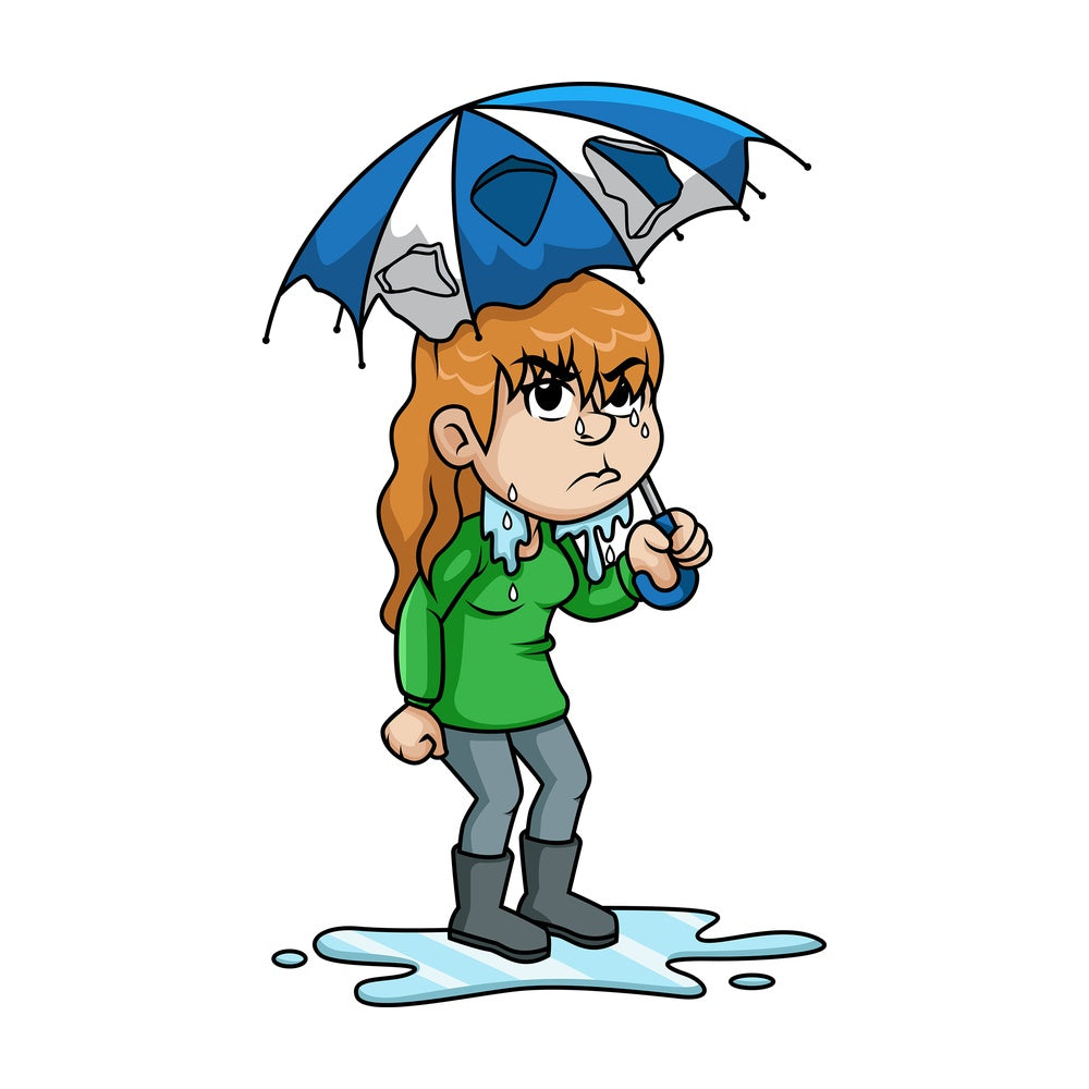 Girl with broken umbrella in the rain. PNG - JPG and vector EPS (infinitely scalable).